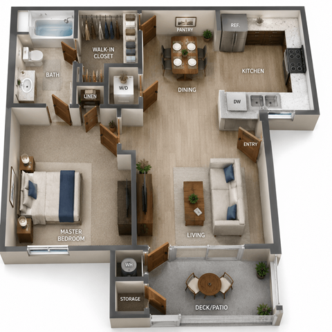 Floor plan for 1 bed, 1 bath, 634 sqft